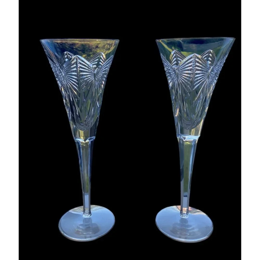 Pair Waterford Crystal Millennium HAPPINESS Toasting Flutes Champagne Glasses - Picture 3 of 8